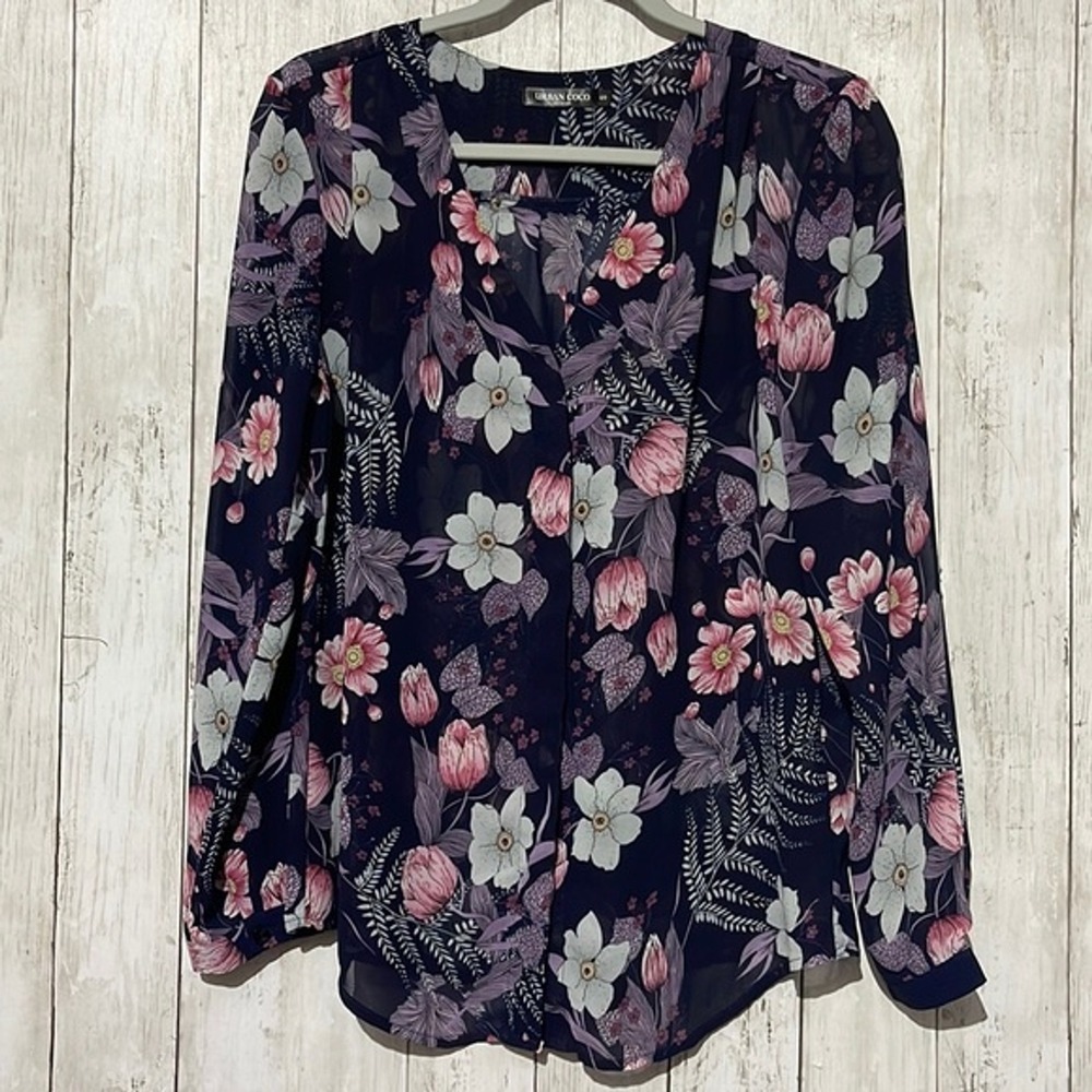 Urban Coco Navy Blue Floral Chiffon V-Neck Long Sleeve Blouse Small
